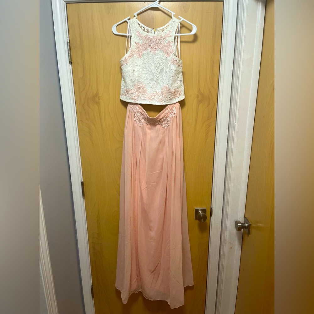 White lace and pale pink two piece maxi set